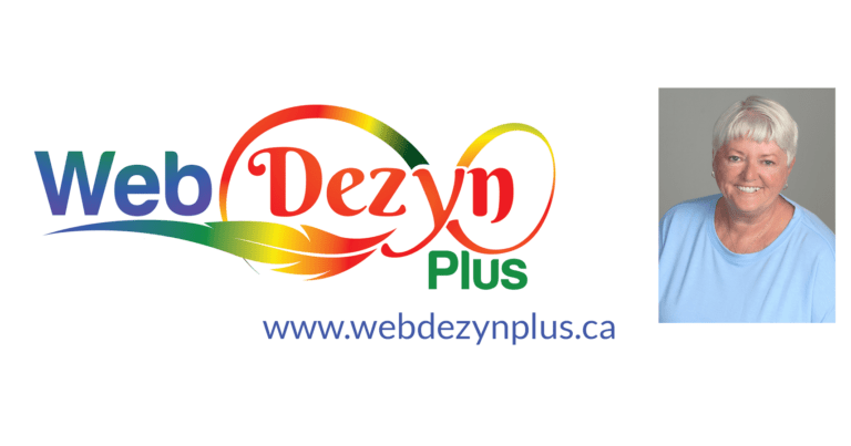 Web Dezyn Plus logo with colourful graphics and website URL, featuring a portrait alongside