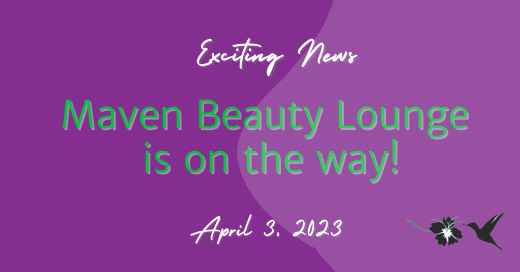 Maven Beauty Lounge announcement on purple background