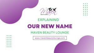 Maven Beauty Lounge new name announcement card with website URL