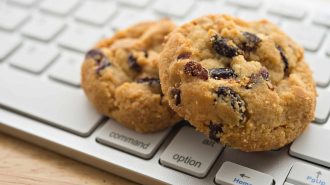 Chocolate chip cookies on a silver computer keyboard, symbolizing internet cookies