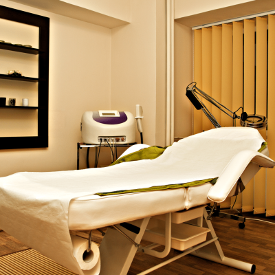 Modern spa treatment room with massage table and therapy equipment